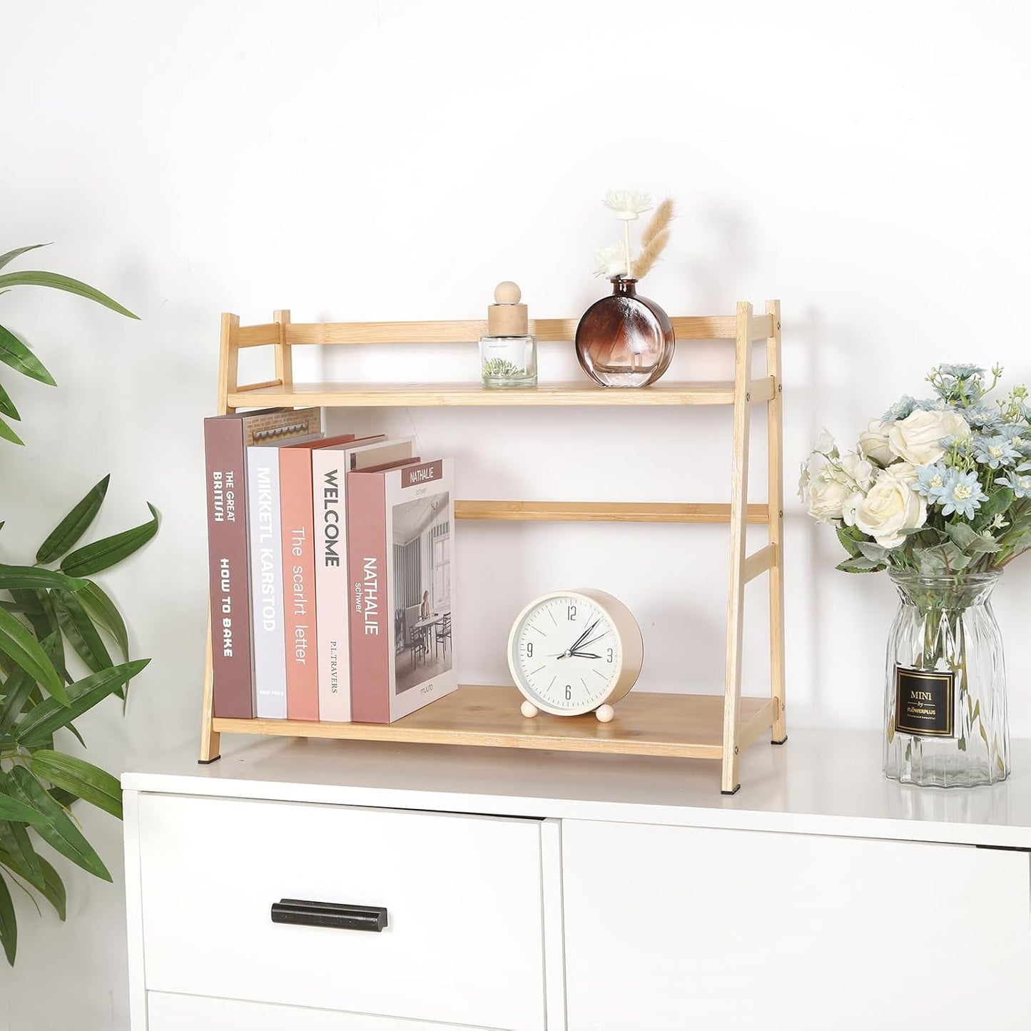 2-Tier Ladder Desktop Bookshelf, 23.62" Wide Wooden Countertop Storage Hutch for Office, Dorm and Home, Small Desk Organizer for Books and Decor