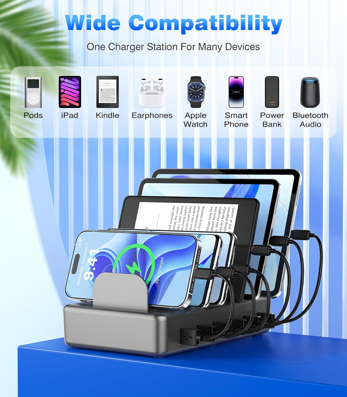 CREATIVE DESIGN 50W 6 Ports Multi Charger Station with 6 Charging Cables, USB Charging Dock for Multiple Devices, Compatible with Cellphone iPad Kindle Tablet and Other Electronic Devices