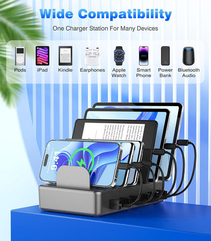 CREATIVE DESIGN 50W 6 Ports Multi Charger Station with 6 Charging Cables, USB Charging Dock for Multiple Devices, Compatible with Cellphone iPad Kindle Tablet and Other Electronic Devices