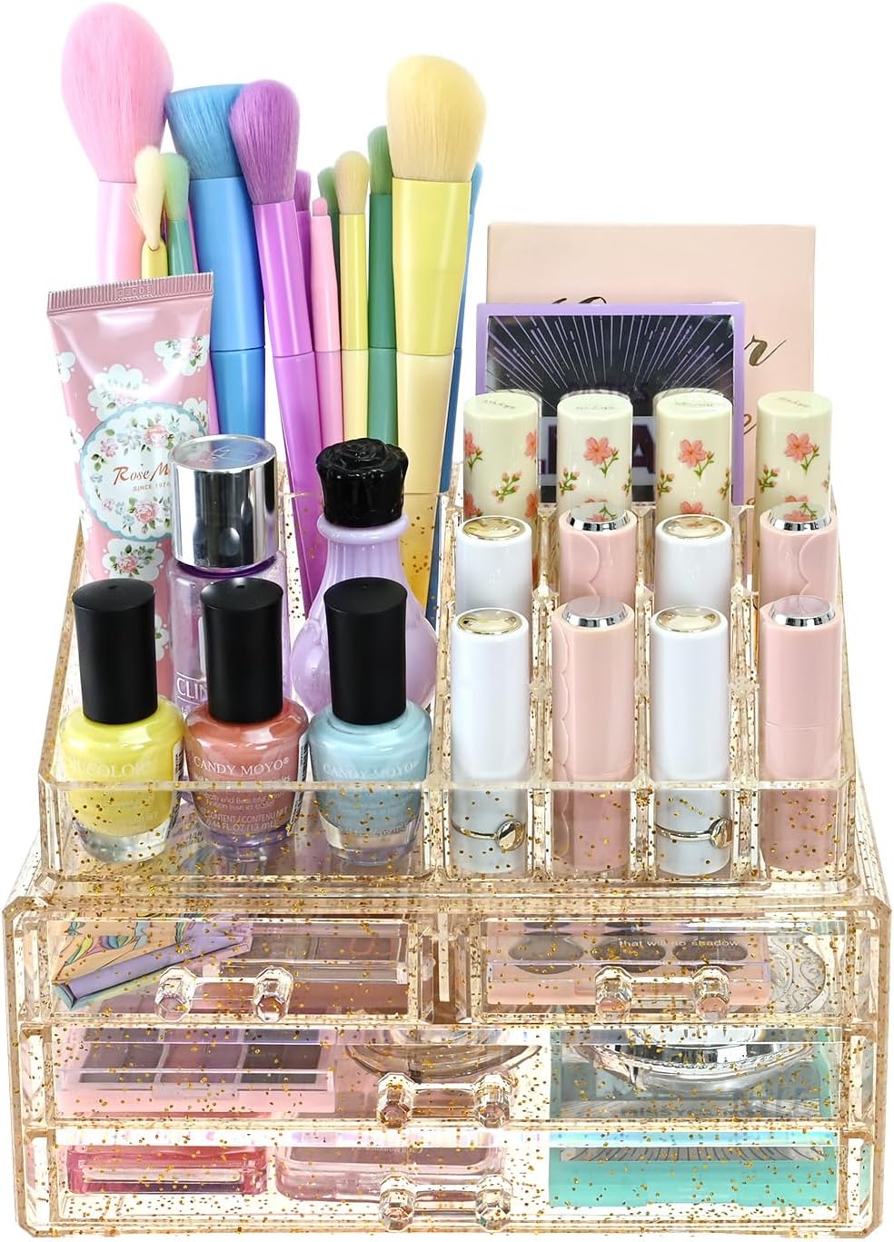 Ikee Design Acrylic Makeup Organizer with 4 Drawers and Removable Top Lipstick Holders, Ideal for Make-up or Accessories,Enhance Your Vanity or Bathroom with Clear Design for Quick Visibility
