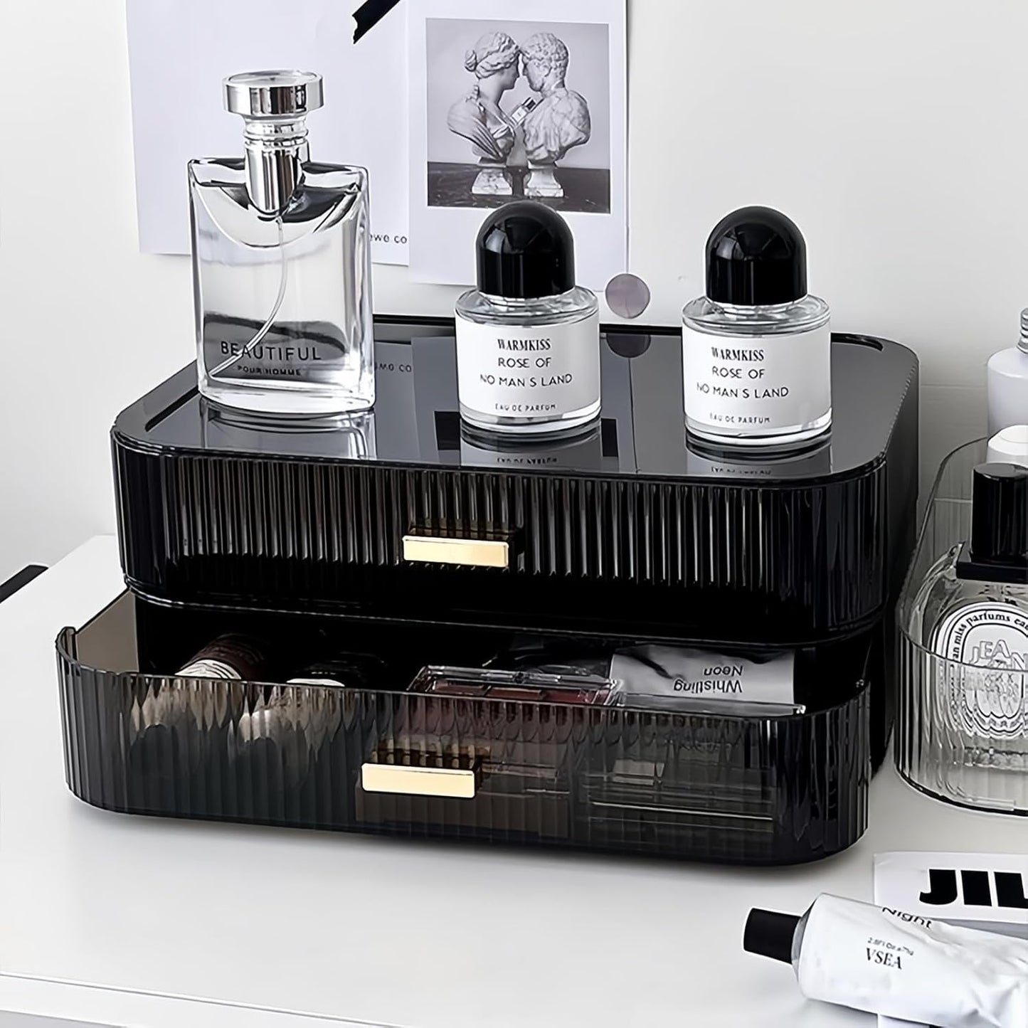 Stackable Cosmetics Organizer Drawers, Bathroom Vanity Makeup Organizers and Storage, Ideal for Desk and Dresser Countertops, Great for Palette, Skincare, Lipsticks, Nail Care. Green
