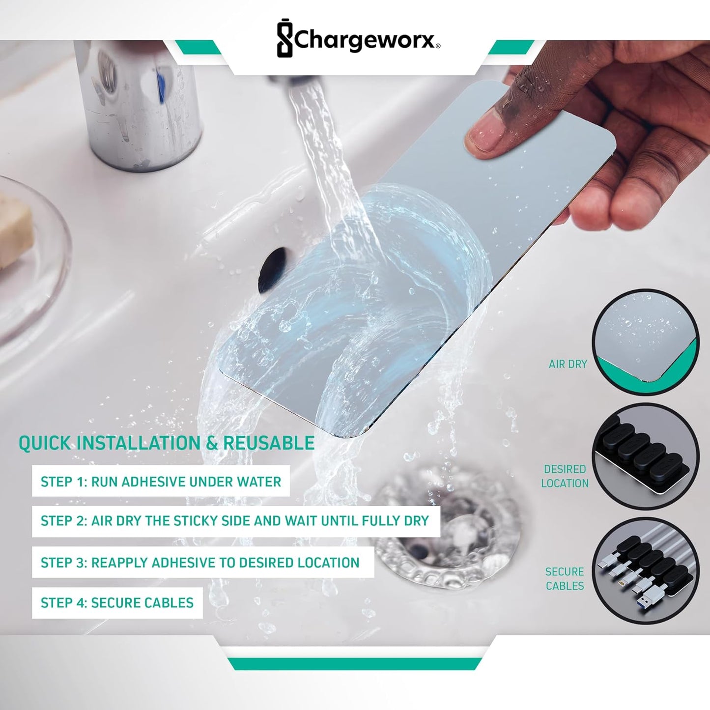CHARGEWORX Pack of 5 Magnetic Cable Clips, Adhesive Cord Organizer for Desk, Nightstand, Wall or Car, Wire Holder for USB-C, Lightning and Micro-USB Cables