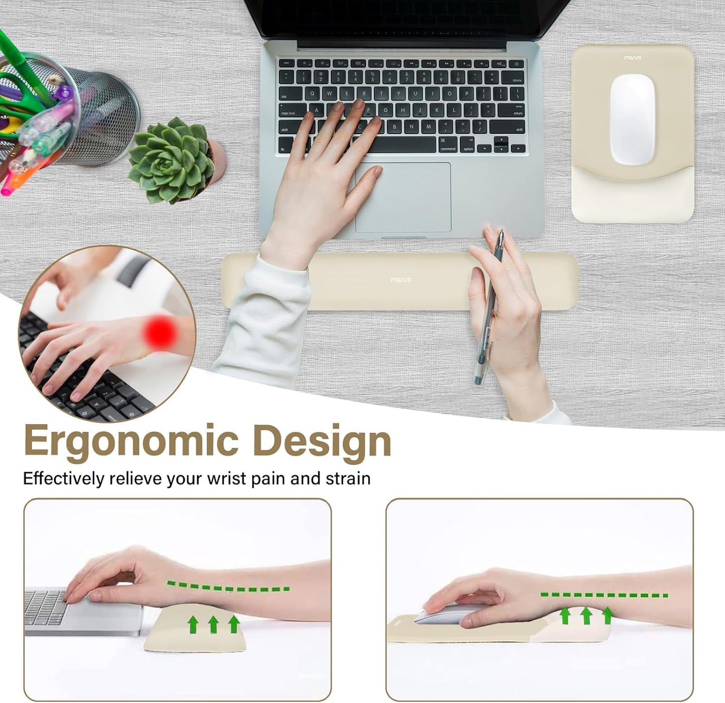 MOSISO Wrist Rest Support for Mouse Pad&Keyboard Set, Rectangular Ergonomic Mousepad Non-Slip Base Home/Office Pain Relief&Easy Typing Pad with Neoprene Cloth&Raised Silicone Lining, Green