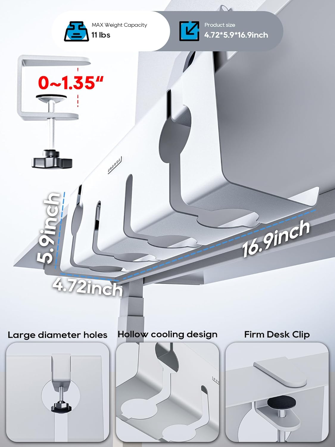 NODOCA No Drill Under Desk Cable Management Tray, 14'' Wire Management, Punch-Free Clamp on, Metal Cable Tray, Wire Organizer Under Desk, Under Desk Basket for Office and Home, Black