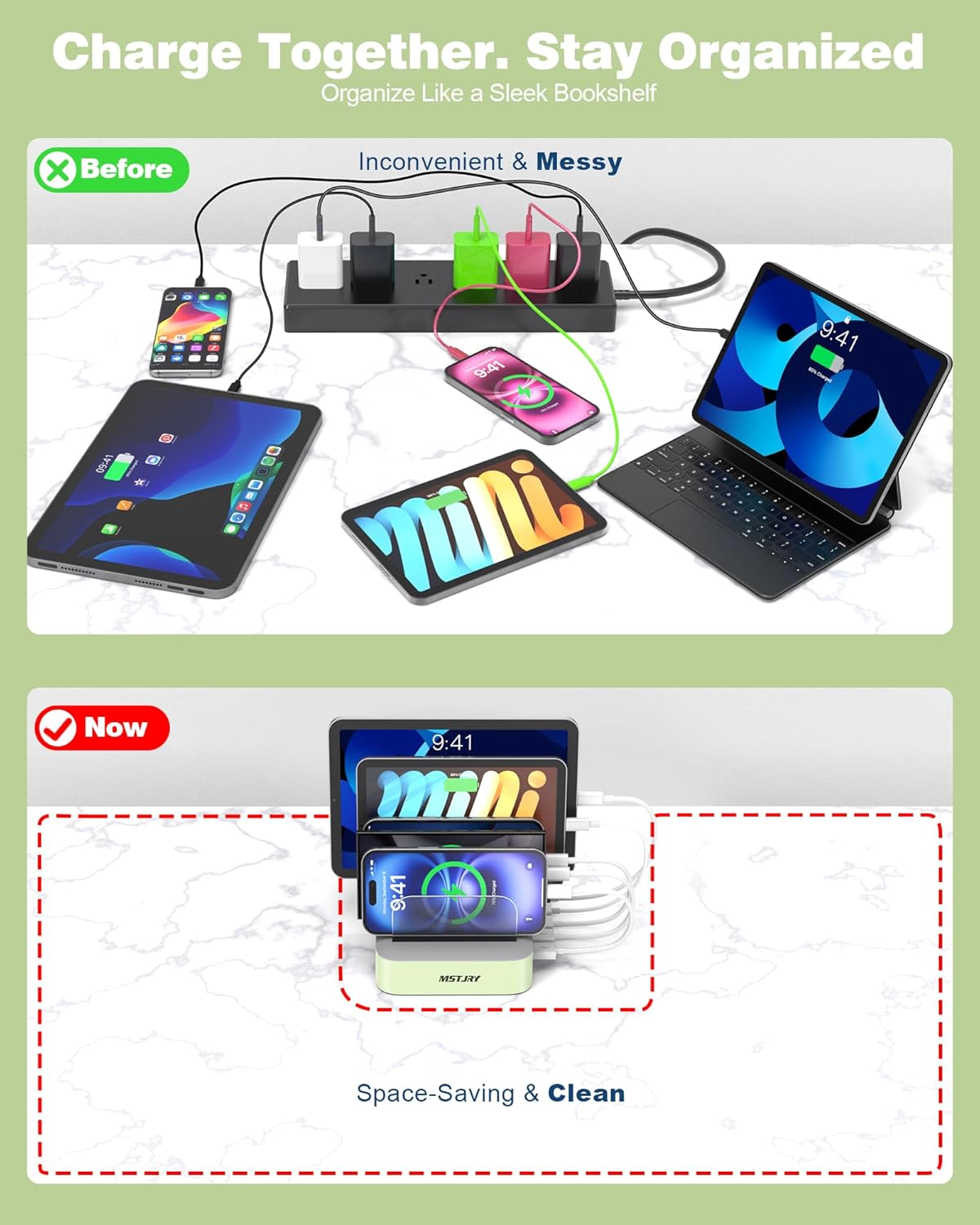 MSTJRY Charging Station for Multiple Devices : 5 Port Multi USB-A Charger Stations Multi-Device Organizer Charging Dock Designed for iPhone iPad Cell Phone Tablets (7 Short Cables Included)