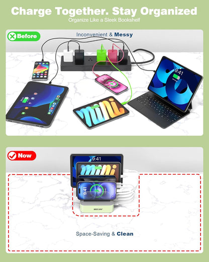 MSTJRY Charging Station for Multiple Devices : 5 Port Multi USB-A Charger Stations Multi-Device Organizer Charging Dock Designed for iPhone iPad Cell Phone Tablets (7 Short Cables Included)