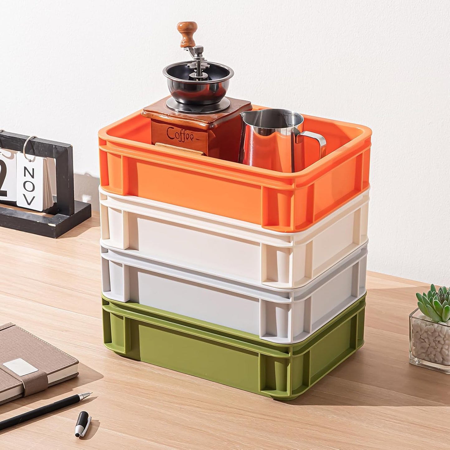 Stackable Organizer Boxes - Create Your Perfect Modular Desktop Storage System Office Desk Organizer Set15.8''*11''*3.26'' (Beige, 6Large)