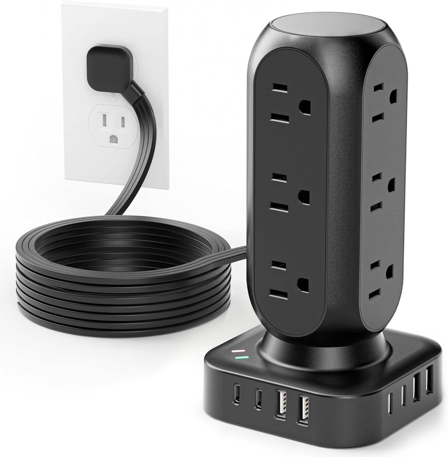 Flat Plug Power Strip Tower 10FT, 40W Total Fast Charging Station, Dual PD 20W USB-C Surge Protector with 12 AC Outlets and 8 USB Ports (4 USB C), Long Extension Cord for Home Office Dorm Room