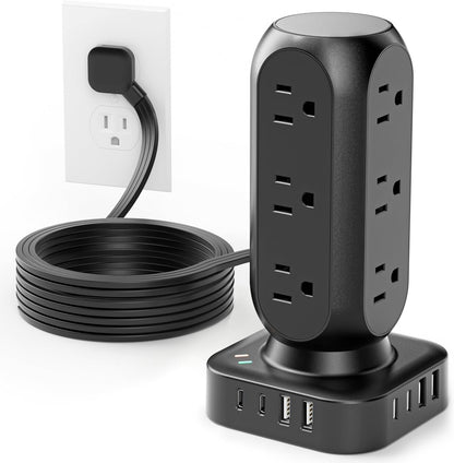 Flat Plug Power Strip Tower 10FT, 40W Total Fast Charging Station, Dual PD 20W USB-C Surge Protector with 12 AC Outlets and 8 USB Ports (4 USB C), Long Extension Cord for Home Office Dorm Room