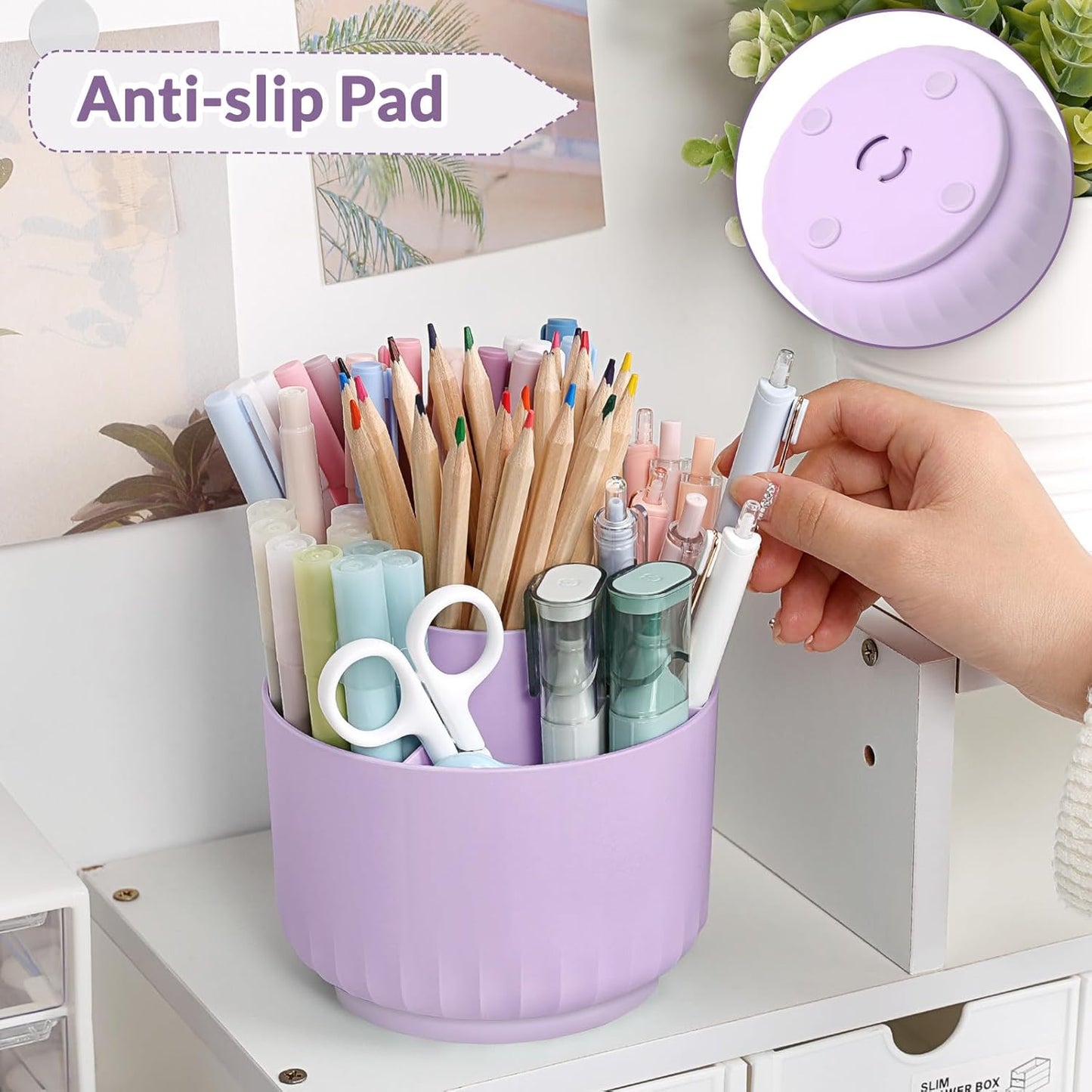 SKYDUE 360 Degree Rotating Pencil Pen Holder for Desk, Dual-Purpose Desk Organizer, Rotating Pencil Cup with 5 Slots, Office Supplies, Desk Decor for Office, School, Home