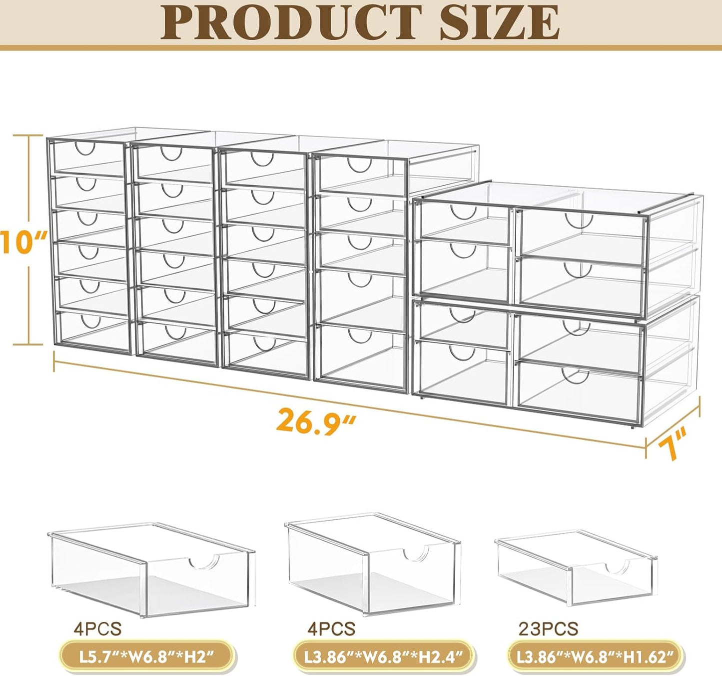 YFXCVSL Acrylic Makeup Organizer with 19 Drawers, 4 Pack Clear Storage Drawers, Bathroom Makeup Organizer for Palettes, Cosmetic, and Beauty Supplies,Ideal for Vanity, Cabinet,Desk Organization