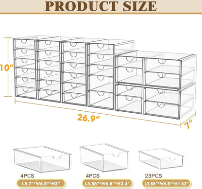 YFXCVSL Acrylic Makeup Organizer with 19 Drawers, 4 Pack Clear Storage Drawers, Bathroom Makeup Organizer for Palettes, Cosmetic, and Beauty Supplies,Ideal for Vanity, Cabinet,Desk Organization