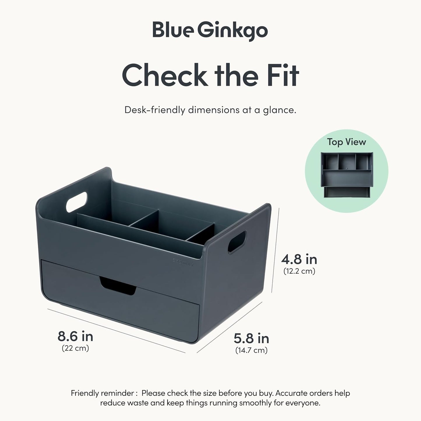 BLUE GINKGO Compact Desk Organizer – Small 5-Compartment, Half Drawer Storage – Pen Holder, Stationery Organizer for Desktop, Vanity, Shelf (Made in Korea, Green)