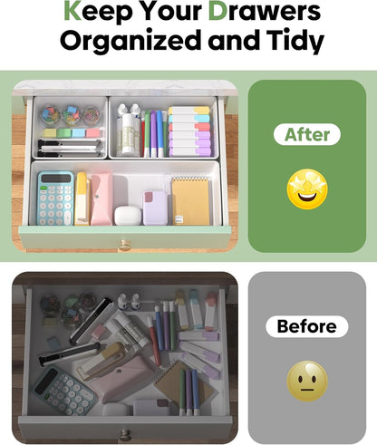 10 Pack Large Size Plastic Drawer Organizers Set, 3 Sizes Desk Drawer Organizer Trays, Storage Bins for Vanity, Makeup, Bathroom, Kitchen Utensils and Office (Black)