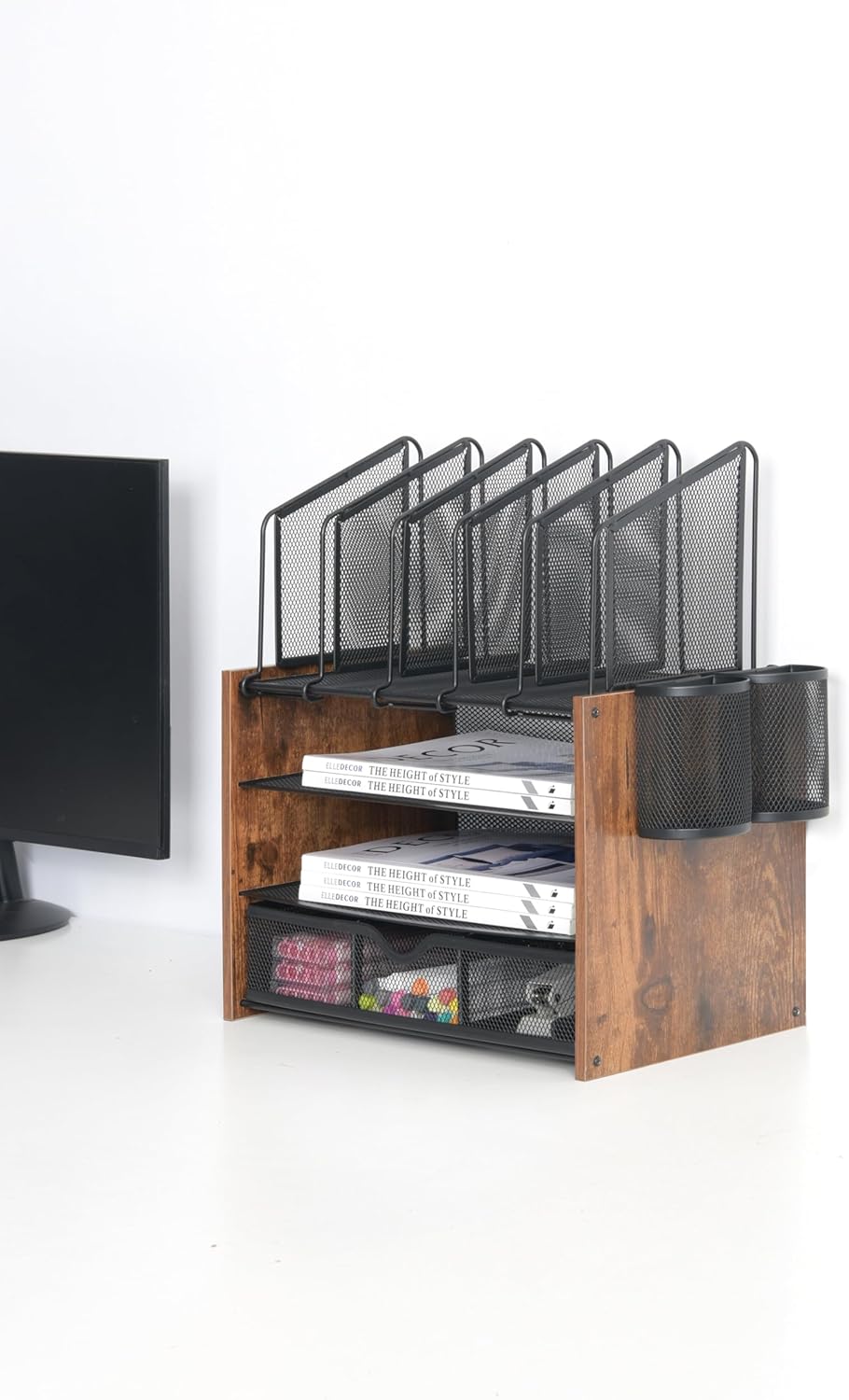 Wooden Desk Organizer - 4-Tier Desktop File Organizer with Drawer, Wooden Paper Tray, Vertical File Holders & 2 Pen Holders - Office Desk Organizer for Papers, Mail, Notebooks, Stationery