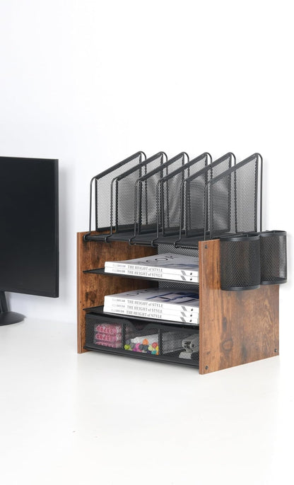 Wooden Desk Organizer - 4-Tier Desktop File Organizer with Drawer, Wooden Paper Tray, Vertical File Holders & 2 Pen Holders - Office Desk Organizer for Papers, Mail, Notebooks, Stationery