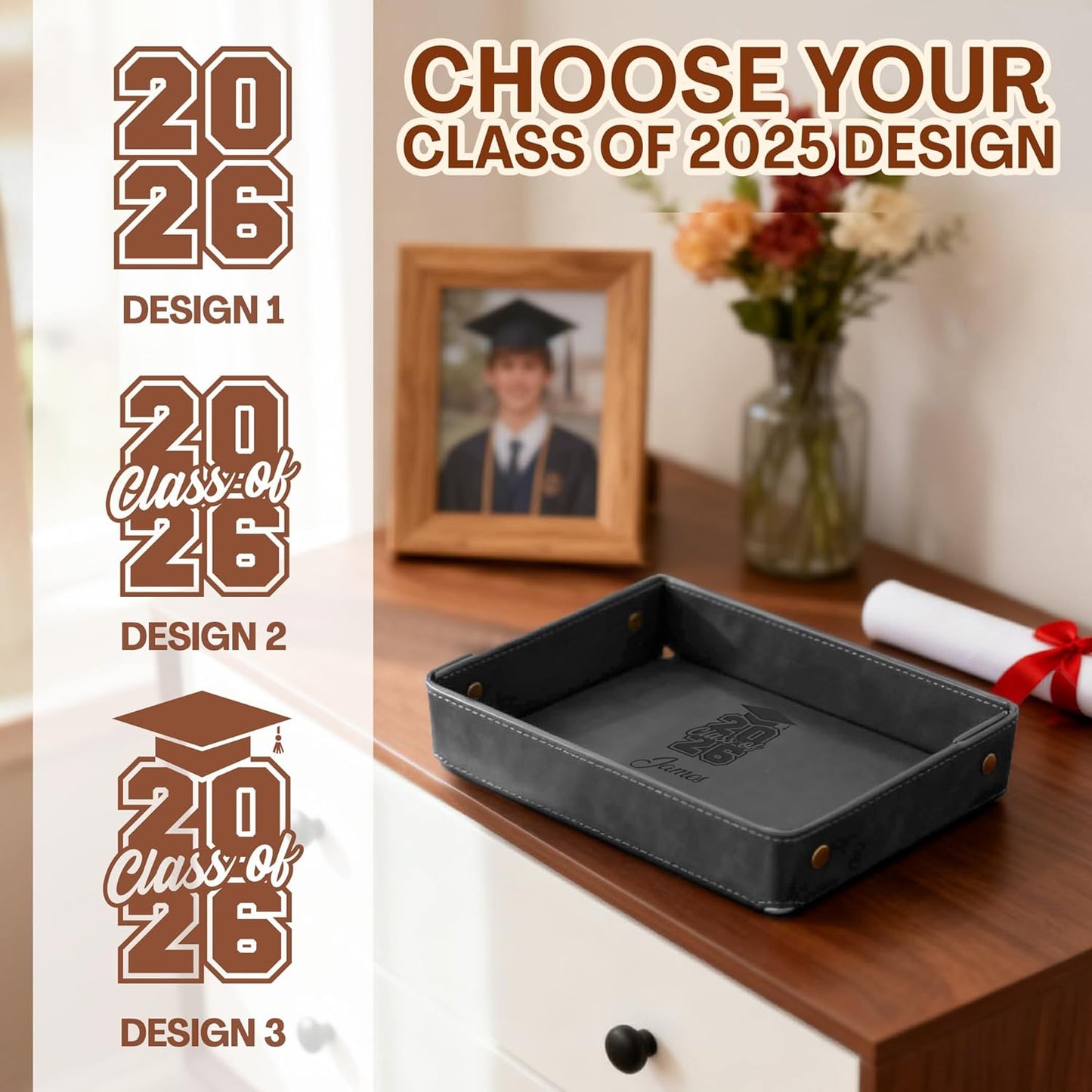 Engraved Leather Valet Tray for Men – Personalized Catchall with Custom Name for Desk, Dresser, Nightstand – Men's Organizer Tray for Keys, Wallet, Jewelry, Personalized Gift for Home, Office - Coffee