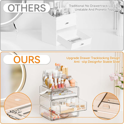 Yieach 3 Tier Clear Acrylic Makeup Organizers with Drawers,Tiered Countertop Make up Storage Organizer for Dresser Top and Bathroom Vanity,Plastic Makeup Stand for Brush,Skincare,Beauty Organizers
