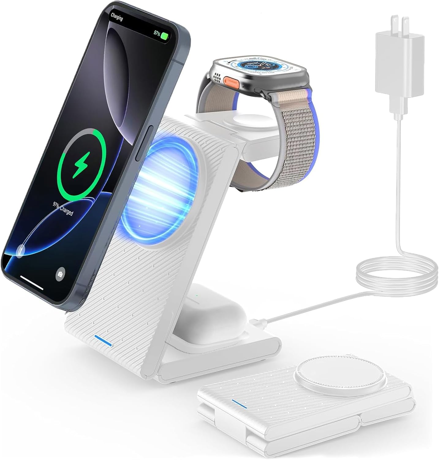 Charging Station for iPhone and Apple Watch: 3 in 1 Wireless Phone Charger Stand for iPhone 17 16 15 14 13 12 11 Pro Max & AirPods, Bedside Nightstand Docking