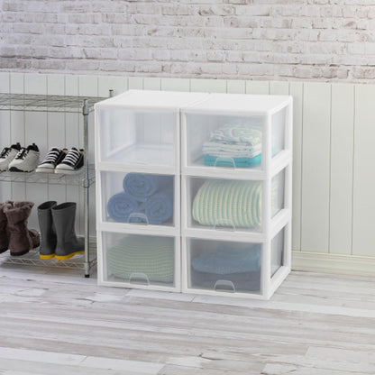 Sterilite 6-Pack 6 Quart Stacking Drawer, Clear Storage Closet Organizer, White Frame - Stackable Modular Plastic Drawers for Clothes, Accessories, Craft Supplies, Shoes or Linens