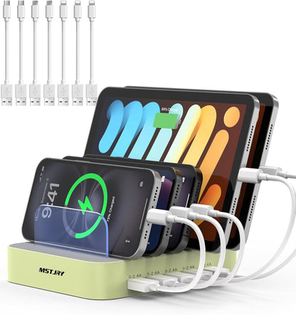 MSTJRY Charging Station for Multiple Devices : 5 Port Multi USB-A Charger Stations Multi-Device Organizer Charging Dock Designed for iPhone iPad Cell Phone Tablets (7 Short Cables Included)