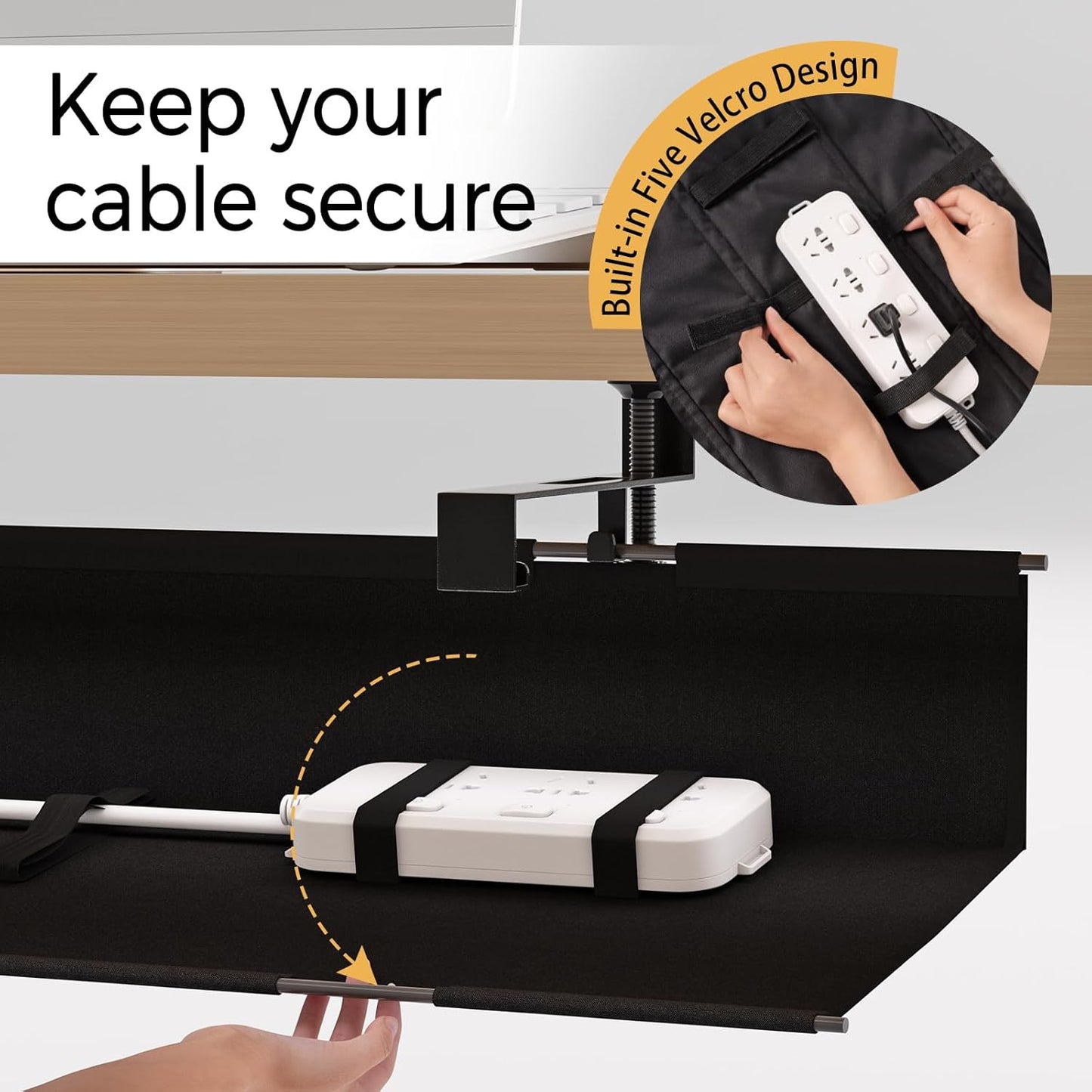 Under Desk Cable Management Tray 27.2" - No Drill Computer Wire Organizer Cable Tray, Cord Hider Clamp Mount with 16X Cable Ties PC Cables Management Cord Holder for Office/Home (Upgrade Fabric,White)