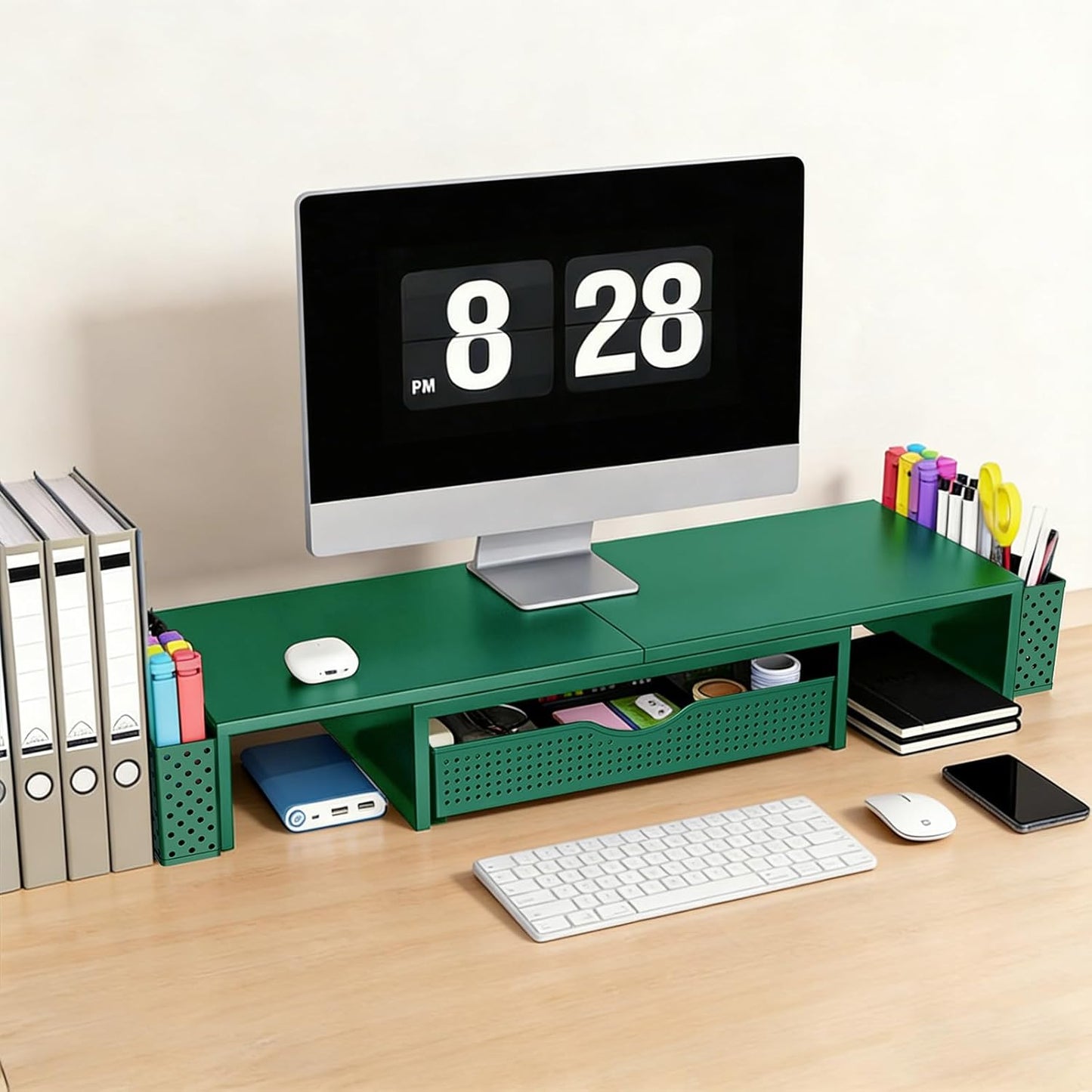Spacrea Metal Desk Organizers and Accessories, Dual Monitor Stand Riser with Drawer and 2 Pen Holders, Book Racks, Desk Accessories & Workspace Desktop Organizers for Office Supplies (Black)