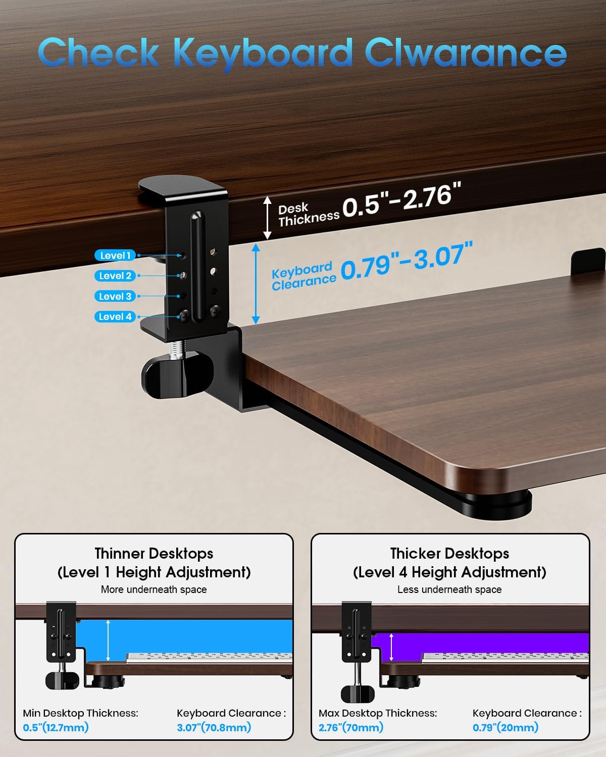 Large Keyboard Tray Under Desk, Pull Out Keyboard & Mouse Tray with Adjustable C-clamp, 25.6(31.5 Including Clamps) x 11.8 Inch Slide Out Computer Keyboard Drawer Mouse Tray for Typing, Brown