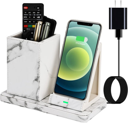 Wireless Charger with Desk Organizer, Wireless Charging Station for iPhone 13/13 Pro Max/13 Pro/12 Series/11/XS Max/XR/X/8Plus/SE 2, Wireless Charging Stand with Leather… (Marble)