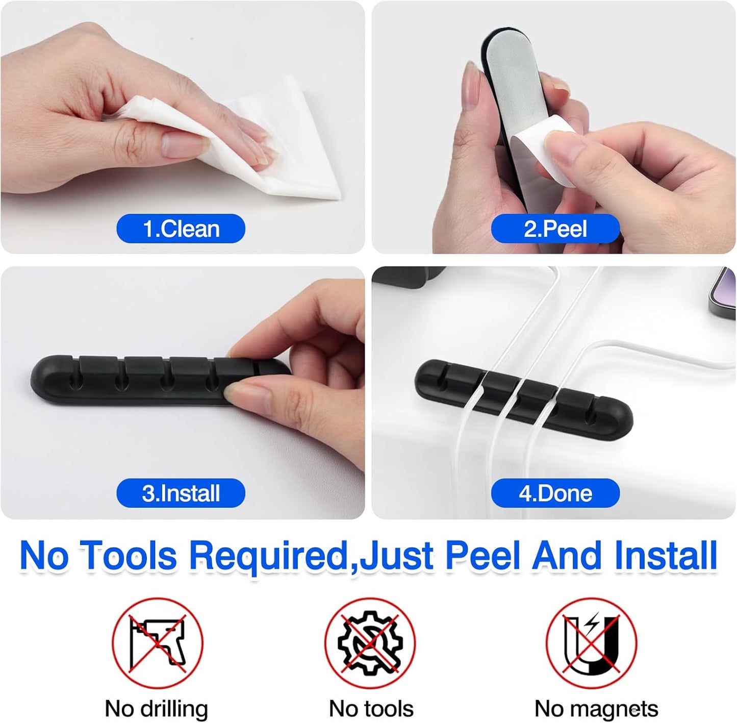 Self-Adhesive Silicone Cable Organizer Clips – Black Cord Holders with Multiple Slots (7-5-3-2-1) for Desk, Car & Nightstand