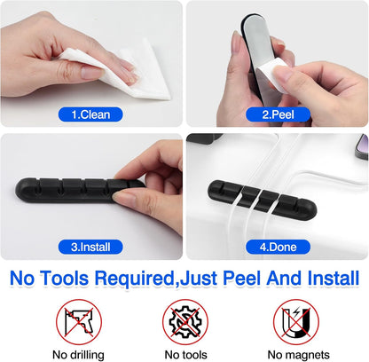 Self-Adhesive Silicone Cable Organizer Clips – Black Cord Holders with Multiple Slots (7-5-3-2-1) for Desk, Car & Nightstand