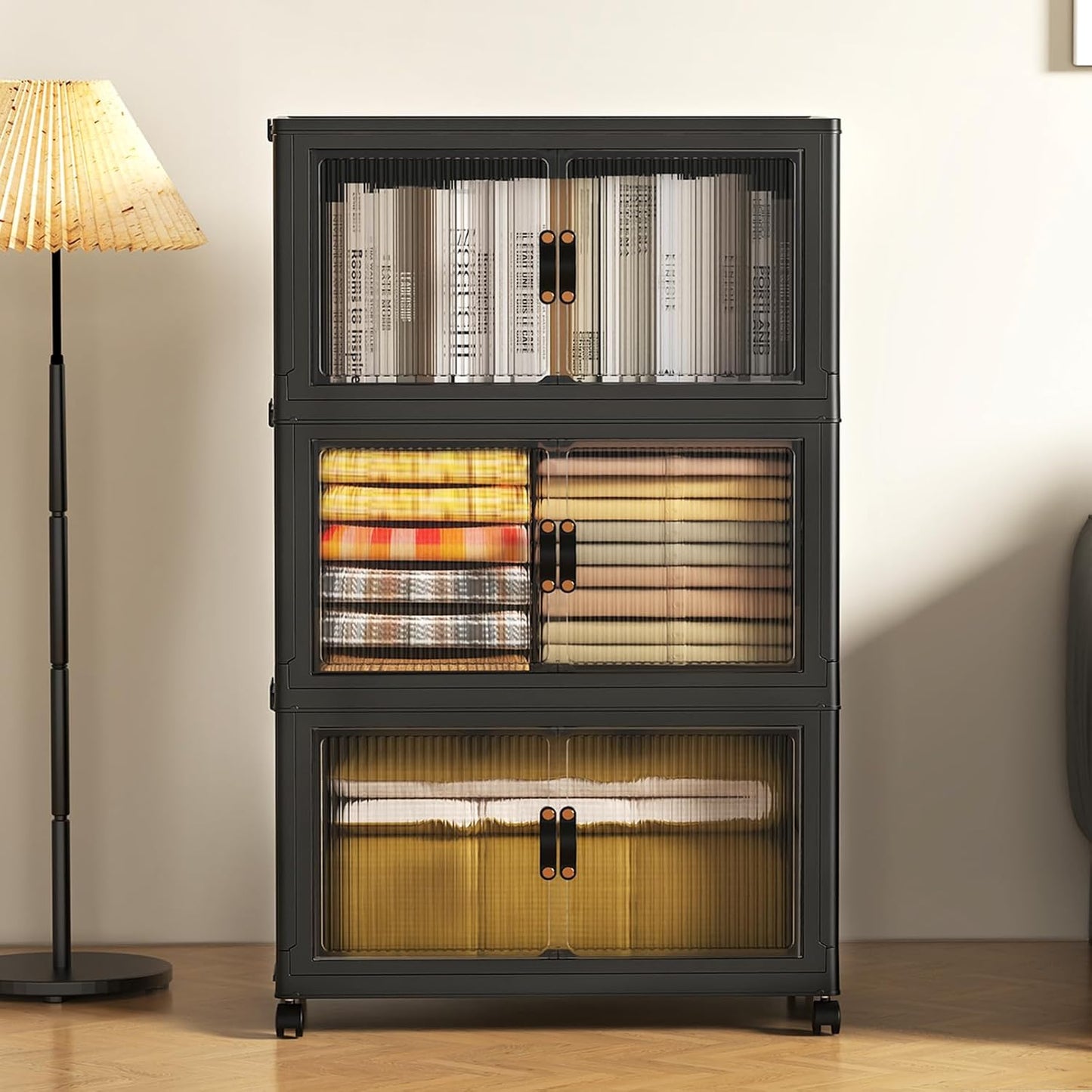 SAILUN 145Gal/580Qt Collapsible & Stackable Storage Bins with Door & a Lid,Perfect for Blanket Storage, Pillow Organizer, Bedroom Closet & Living Room, Black 26" W x 17" D x 71" H