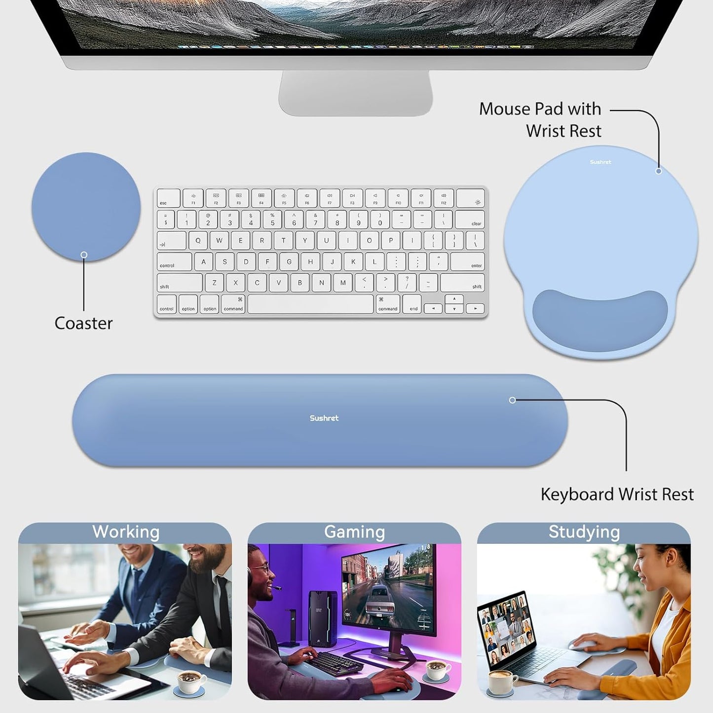 Sushret Mouse Pad and Keyboard Wrist Rest, 3-in-1 Gel Memory Foam Ergonomic Mouse Pad with Wrist Rest Set,Gaming Mousepad Arm Cushion Support for Computer Office Desk Accessories Cute Setup,Sage Green