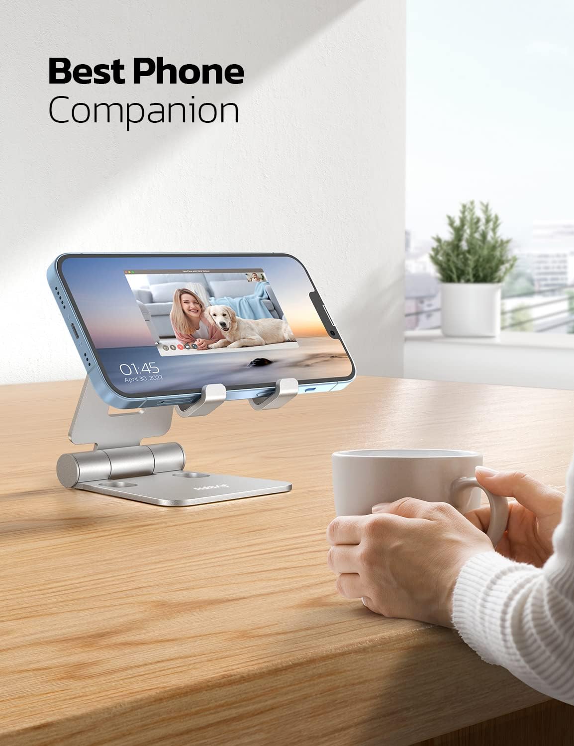 Nulaxy 2 Pack Fully Aluminum Dual Folding Cell Phone Stand, Adjustable Foldable Desktop Phone Holder for Desk Compatible with iPhone 17 16 15 14 13 12 11 Pro Max Xs Xr X 8, All Phones, Black & Silver