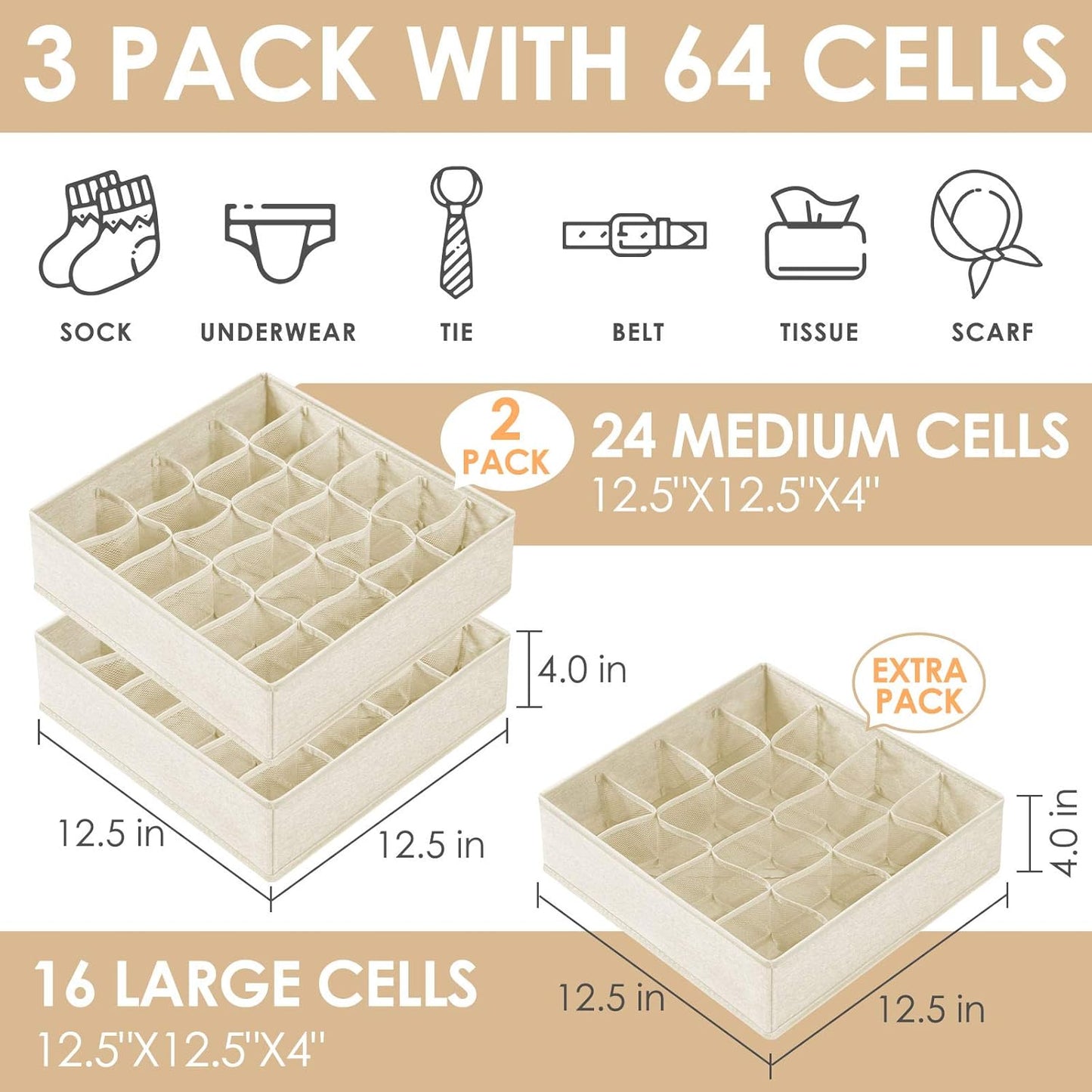 Criusia 6 Pack Large Drawer Organizer for Sock Underwear - Washable Heavy Duty Fabric Closet Organizers and Storage Bins - 90 Cells Dresser Organizer Divider for Baby Clothes, Ties, Belt (Grey)