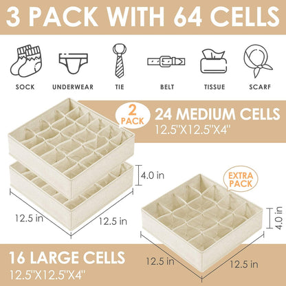 Criusia 6 Pack Large Drawer Organizer for Sock Underwear - Washable Heavy Duty Fabric Closet Organizers and Storage Bins - 90 Cells Dresser Organizer Divider for Baby Clothes, Ties, Belt (Grey)