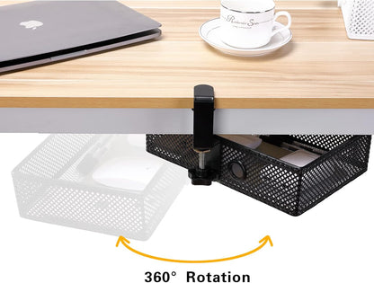 2-Tier Clamp-On Mesh Organizer, Under Desk Storage with Slide-Out Tray, No Drilling Tool-Free Installation, Durable Rust-Resistant Metal, Large-Capacity Organizer.