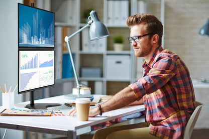 Mount-It! Vertical Dual Monitor Stand, Stacked Desk Mount Fits Two 13–32 Inch Screens up to 17.6 lbs Each, Height Adjustable Free Standing Pole with Tilt Swivel Rotate, Ergonomic VESA Riser, Black