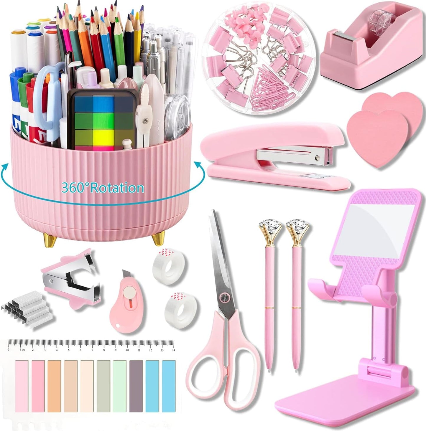 suniya Office Supplies,Gold Desk Accessories,with Stapler,Tape Dispenser,Pen Holder,Scissors,Phone Stand,Staple Remover,Ballpoint Pen,Clear Tape, Staples,Ruler,Clips,Best Gift for Business or Boss