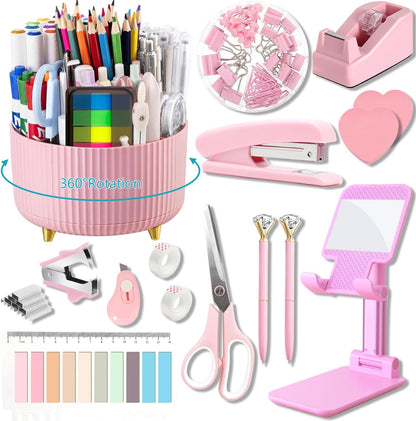 suniya Office Supplies,Gold Desk Accessories,with Stapler,Tape Dispenser,Pen Holder,Scissors,Phone Stand,Staple Remover,Ballpoint Pen,Clear Tape, Staples,Ruler,Clips,Best Gift for Business or Boss