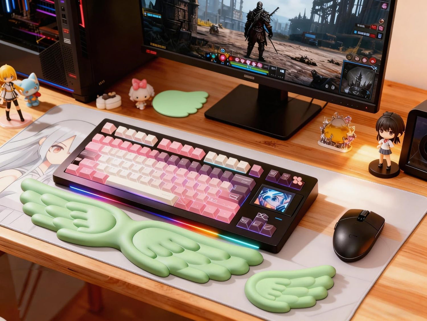 Angel Wing Wrist Rest Ergonomic Memory Foam Wrist Rest for Computer Keyboard Mouse Set with Cup Mat, Cute Gaming Keyboard Cushion Hand Support PU Leather Surface Anti-Slip Waterproof（White）