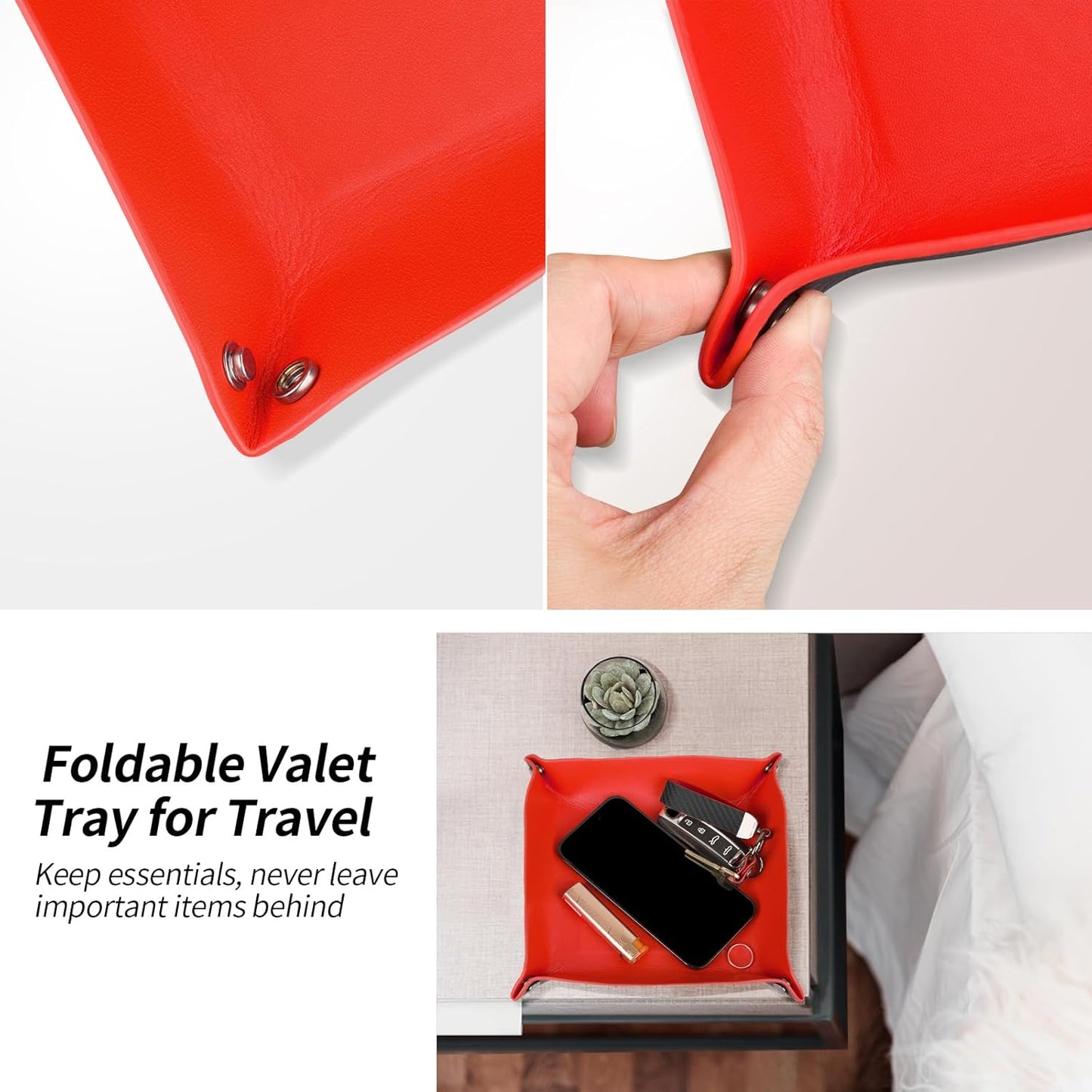 Valet Tray Organizer with Carbon Fiber Style Texture, Foldable Catchall Tray for Keys, Wallet & Everyday Essentials(Red)