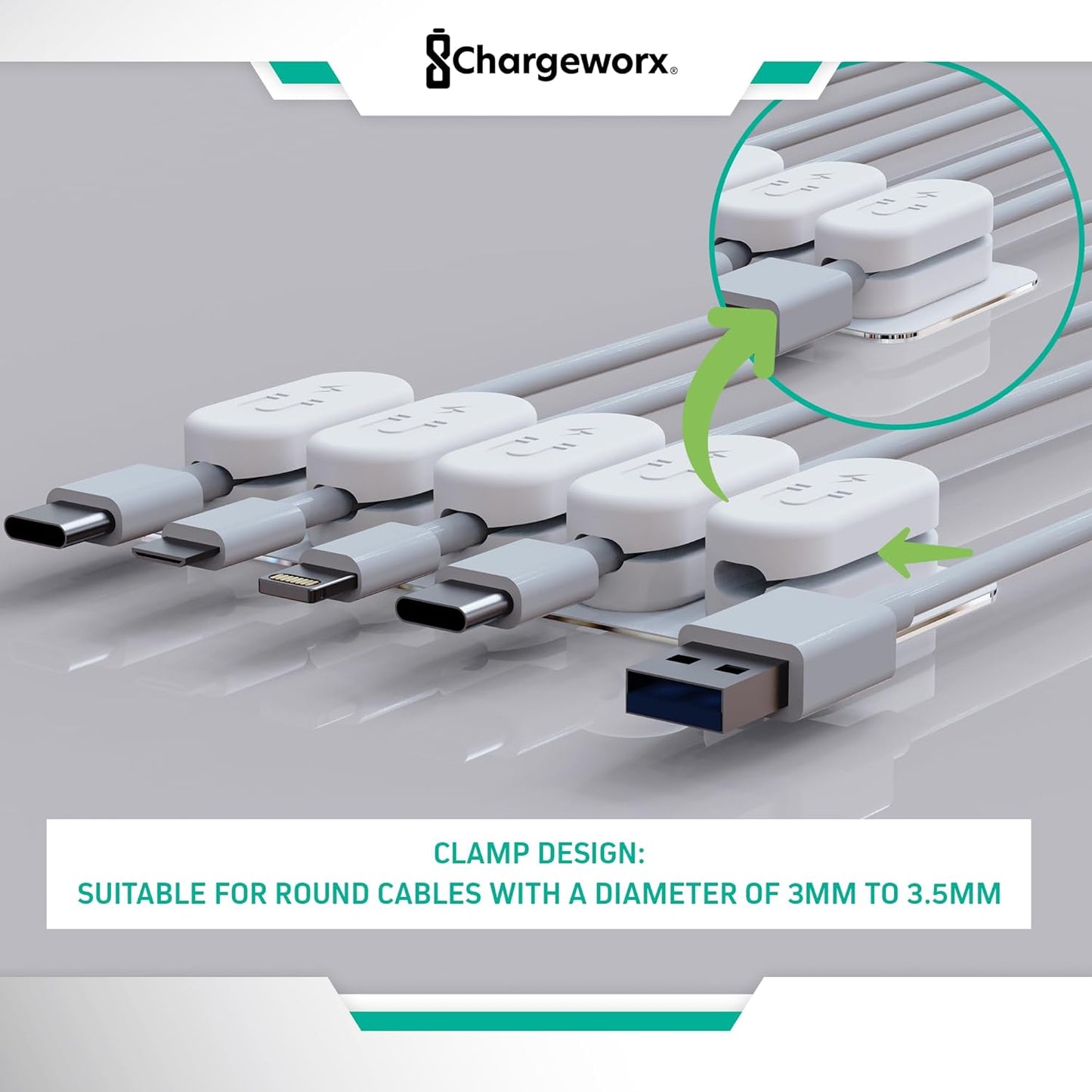 CHARGEWORX Pack of 5 Magnetic Cable Clips, Adhesive Cord Organizer for Desk, Nightstand, Wall or Car, Wire Holder for USB-C, Lightning and Micro-USB Cables