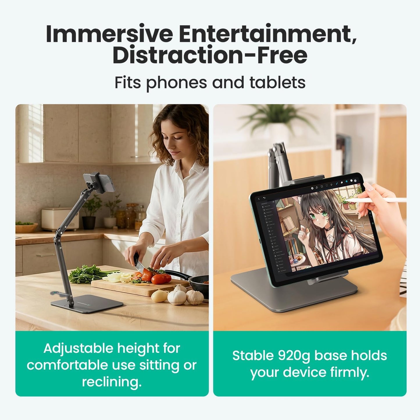 Ergonomic Phone iPad Stand for Desk - Ultra Sturdy Base, Adjustable & Foldable Mobile Holder with 2 Extendable Clamps, Work from Home Essentials Compatible with iPhone/iPad (1 Pack)