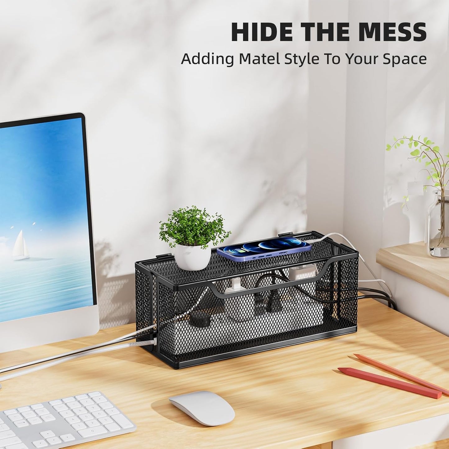 3 Pack Cable Management Box, Metal Mesh Cord Organizer Box for TV Wires, Electrical Hiding, Power Strip – Under Desk Cable Storage Box with Cable Clips&Reusable Cable Ties for HomeOffice - White