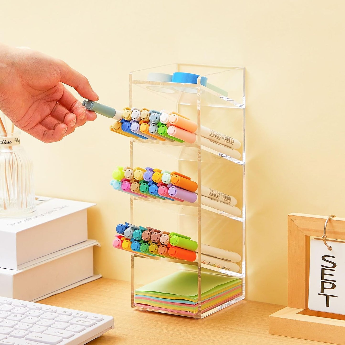 MotiMind Acrylic Pen Organizer Storage for 250 Markers Vertical Marker Organizer Acrylic Pen Display Holder for Office Desk Desktop Stationery Pencil Storage, Clear, 13 x 4 x 12.4 Inch