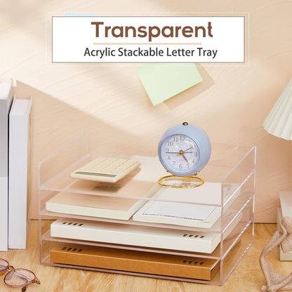 Harloon 4 Tier Paper Organizer Letter Tray Acrylic Desk File Organizer Heavy Duty Stackable Documents Clear Letter Paper Holder Sorter Office Tray for A4, Office Classroom Home File Pad Notebooks