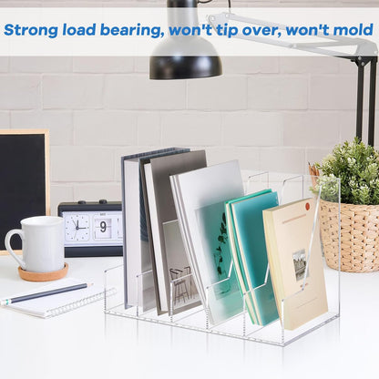 Suzile Clear Acrylic Magazine File Holder with Vertical Compartments Desk Organizer Book Rack for Desk Sorter Paper Folder Office Accessories(Clear,14.2 x 7.2 x 6.5 Inch)