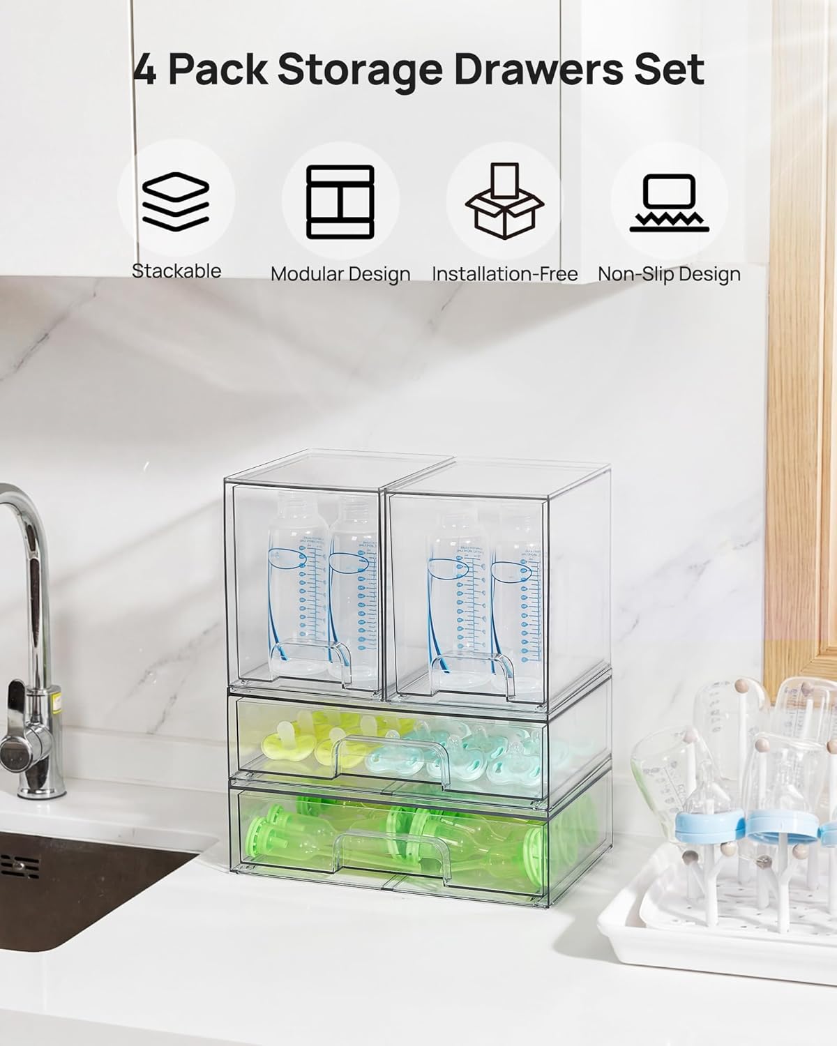Vtopmart Stackable Storage Drawers Set of 4, Clear Plastic Organizer Bins for Bathroom Supplies,Ideal for Cabinet,Pantry,Laundry Room Organization