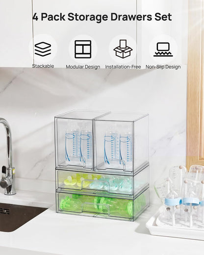 Vtopmart Stackable Storage Drawers Set of 4, Clear Plastic Organizer Bins for Bathroom Supplies,Ideal for Cabinet,Pantry,Laundry Room Organization